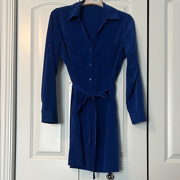 Express Dresses & Skirts - Express Royal Blue Long Sleeve Shirt Dress with Tie Waist